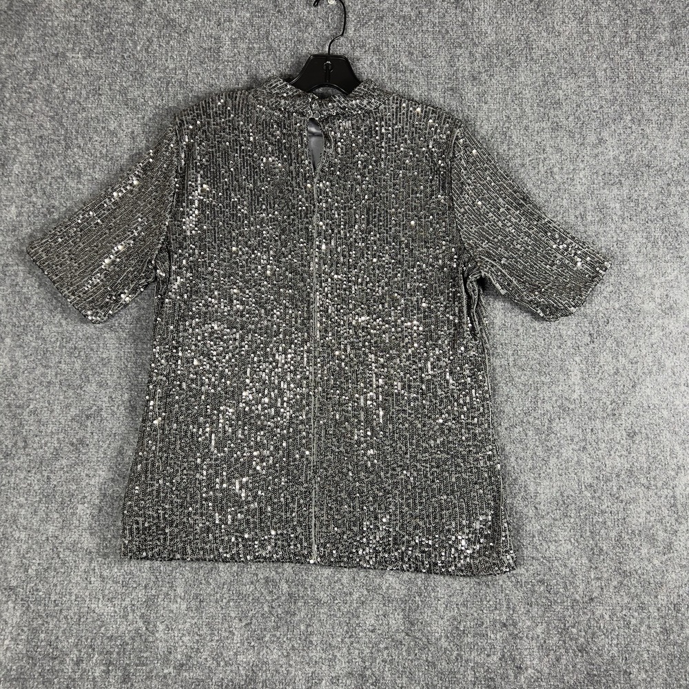 Calvin Klein Silver Sequin Top Mock Neck Short Sleeve Party Hollidays Blouse - Picture 2 of 10